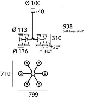 hanglamp Megafono, lengte 80 cm, zwart, 12-lamps. zwart, goudkleurig