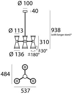 hanglamp Megafono, zwart, lengte 54 cm, 6-lamps. zwart, goudkleurig