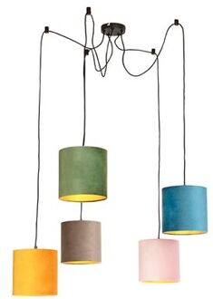 Hanglamp met 5 gekleurde velours kappen 20 cm - Cava Multicolor