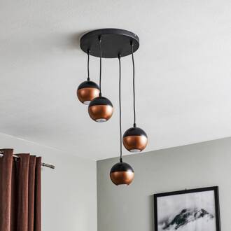 Hanglamp Midnight in zwart/koper 4-lamps rond zwart, koper