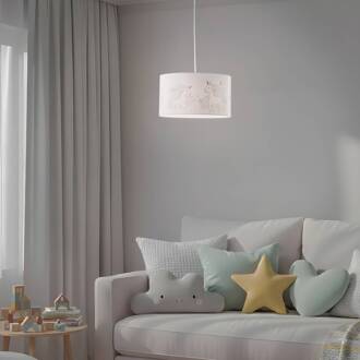 Hanglamp Mila, Ø 35 cm, wit, stof, eenhoorns, E27 wit, grijs, goud