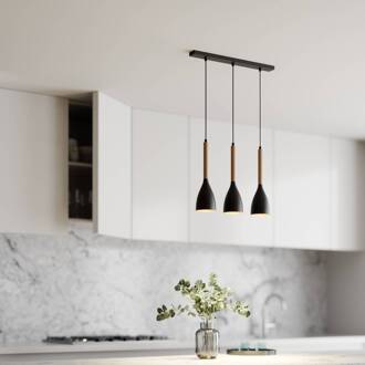 Hanglamp Muza 3-lamps lang zwart/hout licht zwart, goud, licht hout