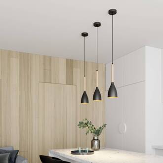 Hanglamp Muza, zwart/licht hout, Ø 11 cm zwart, goud, licht hout