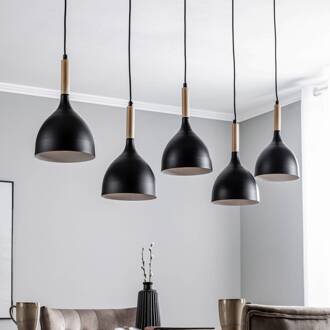 Hanglamp Nanu met hout lang 5-lamps zwart zwart, licht hout