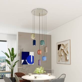 hanglamp Narion, rond, 7-lamps, kleurrijk, metaal blauw, oranje, donkerblauw, paars, geel, beige, groen
