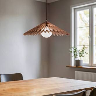 Hanglamp Nature Sun glas XL, kegel plat, Ø 69 cm, hout bruin, opaalwit, zwart