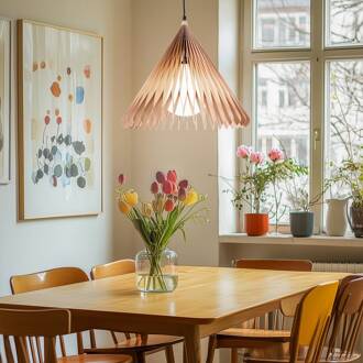 Hanglamp Nature Sun glas XL, puntige kegel, Ø 48 cm, hout bruin, opaalwit, zwart