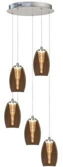 Hanglamp Nebula Amber Glas 5Lichts Rond Zilver