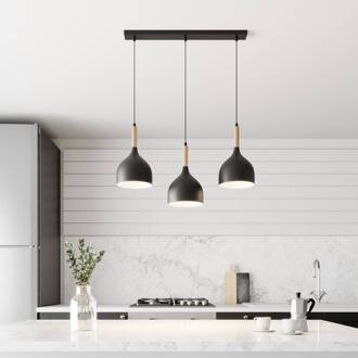 Hanglamp Noak 3-lichts lang zwart/hout naturel zwart, licht hout