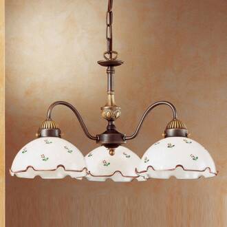 Hanglamp Nonna Millefleurs, 3-lamps, roze wit, oudmessing, roze
