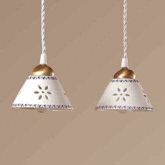 Hanglamp NONNA van wit keramiek, 2-lichts wit, blauw, oud-messing