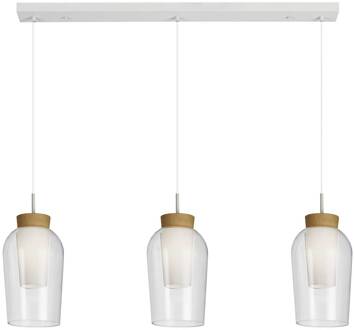 Hanglamp Nora, wit, transparant, 3-lamps bundel, glas wit, transparant, licht hout