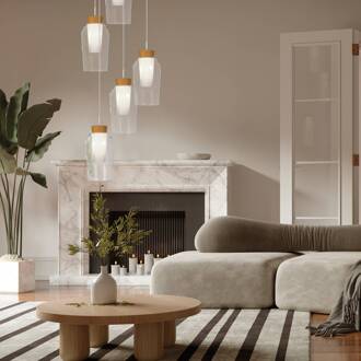 Hanglamp Nora, wit, transparant, 5-lamps, rond, glas wit, transparant, licht hout