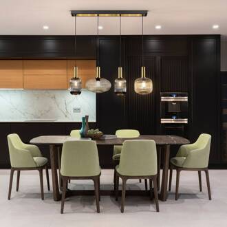 Hanglamp Norma, 98 cm, 4-lamps, zwart/messing, glas zwart, messing, helder, amber, rookgrijs