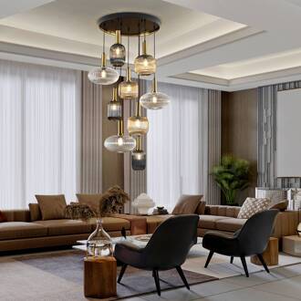 Hanglamp Norma, dimbaar, 9-lamps, afstandsbediening, zwart/messing amber, rookgrijs, helder, messing, zwart