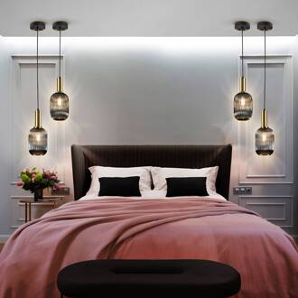 Hanglamp Norma, Ø 14 cm, zwart/messing, glas, E27 zwart, messing, helder, amber, rookgrijs