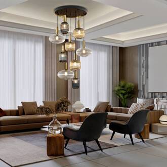 Hanglamp Norma, Ø 80 cm, 9-lamps, zwart/messing, glas zwart, messing, helder, amber, rookgrijs