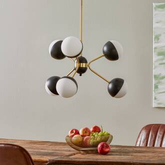 Hanglamp Orbit, 6-lamps zwart, goud, opaal
