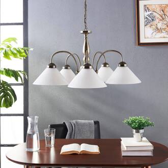 hanglamp Otis, Ø 68 cm, 5-lamps, wit, glas, E27 opaalwit glanzend, antiek messing