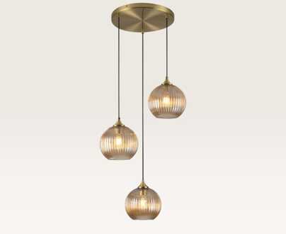 Hanglamp Ovale pendente ambra III - Drie bollen van geribbeld amberkleurig glas met een speels effect - Zonder lichtbron Goud