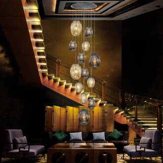 Hanglamp Ovila, 13-lichts, rookgrijs/cognac, glas, E27 rookgrijs, cognac, chroom