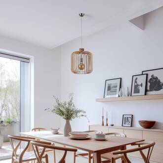 Hanglamp Paz chroom, houten lamellencilinder Ø 45 cm Hout licht, chroom