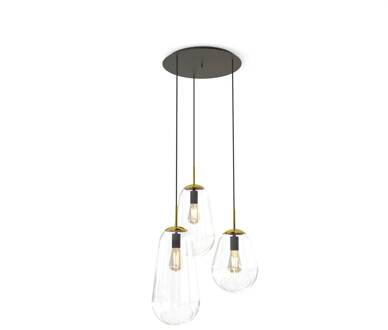 Hanglamp Pear, messing, 3-lamps transparant, zwart, messing
