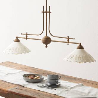 Hanglamp Pizzo met ketting, 2-lamps wit, oud-messing