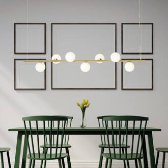 Hanglamp Pomi, 7-lamps, goudkleurig, glas, lineair goud, wit