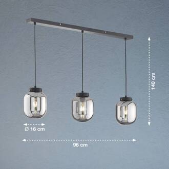 Hanglamp Regi, 3-lamps mat zwart, rookgrijs-transparant