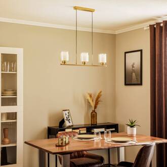 Hanglamp Ressa lineair, antiek messing, 3-lamps messing antiek, helder