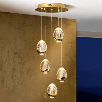 Hanglamp Rocio, 5-lamps, rond, metaal, glas, goud goud, helder