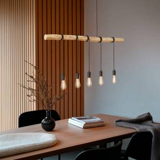 hanglamp Rom, 5-lamps, hout, touw, zwart, 116 cm matzwart, licht hout