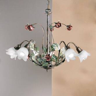 Hanglamp ROSAIO met 5 lampjes Oud goud, groen, rood, wit