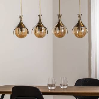 Hanglamp Sinka, barnsteen/antiek goud, 80 cm glas/metaal 4flg. amber-transparant, goud antiek