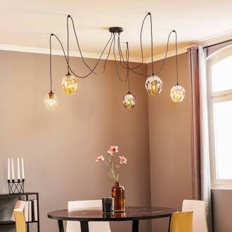 Hanglamp Starla, glas grafiet/amber/helder, 5-lamps decentrale zwart, grafiet, amber, helder