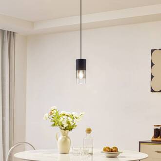 hanglamp Svante, 1-lamp, zwart, glas, Ø 10cm rookgrijs, zwart