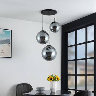 hanglamp Teeja, rook, 3-lamps, Ø52cm, glas, E27 rookgrijs, zwart
