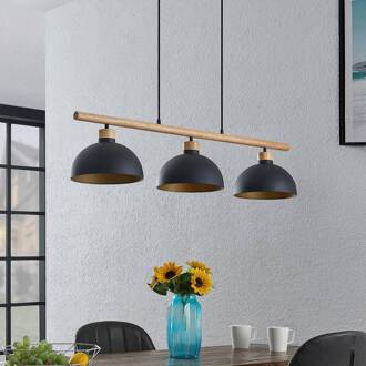 hanglamp Tirzana, 3-lamps, zwart, metaal, hout zwart, goud, licht hout