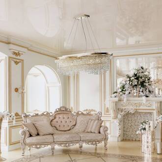 hanglamp Toils, goudkleurig, kristallen, 7 x E14 goud, transparant