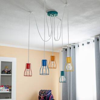 Hanglamp Tube, 5-lamps, bont geel, oranje, rood, turquoise, blauw, wit