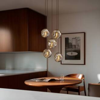 hanglamp Valentina, glas, rookgrijs, rond, 5-lamps. bruin, rookgrijs