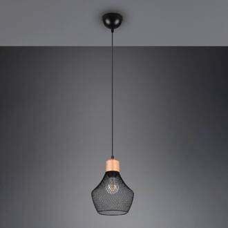 Hanglamp Valeria met roosterkap, Ø 18 cm zwart, licht hout