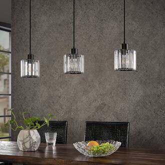hanglamp Vella, transparant, glas, 83cm, 3-lamps. matzwart, transparant