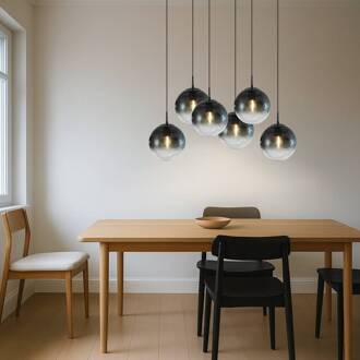 hanglamp Veloura, 6-lamps, 100 cm, glas, hout Donker hout, rookgrijs