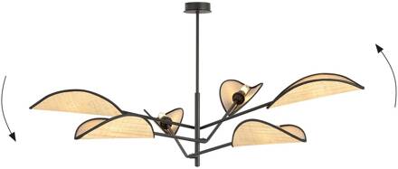 Hanglamp Vene, zwart/rotanoptiek, 6-lamps zwart, houtbruin
