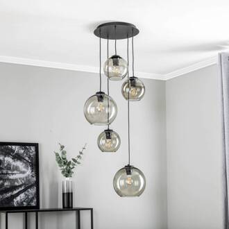 Hanglamp Vetro van glas, 5-lamps zwart, rookgrijs
