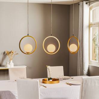 Hanglamp Vienna, opaalglas, messing, 3-lamps messing, opaal