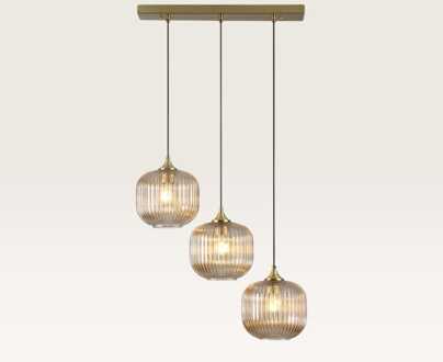 Hanglamp Virello ambra III - Drie bollen van geribbeld amberkleurig glas met een speels effect - Zonder lichtbron Goud