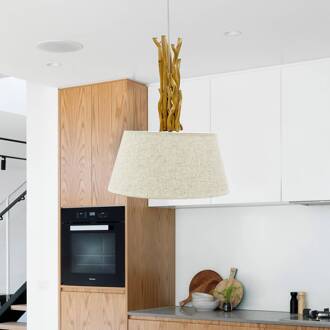 Hanglamp Woody van textiel en hout beige, licht hout